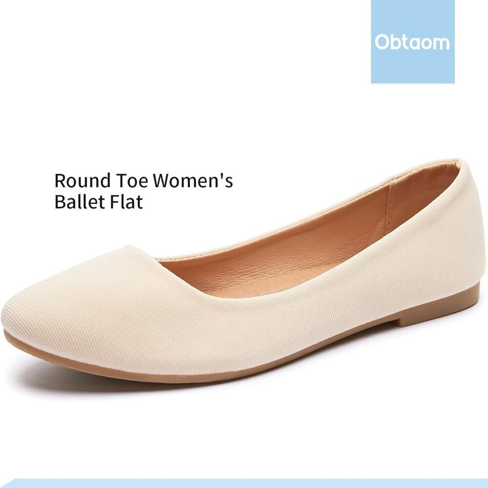 Obtaom Women Beige Faux Suede Textile Rounded Toe Slip on Ballet Flats Shoes - Picture 3 of 7